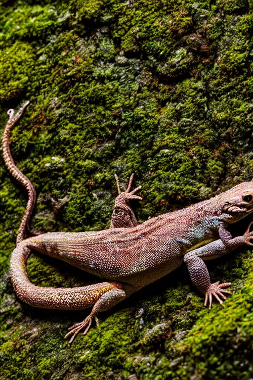 Image similar to a small photorealistic lizard on a moss covered rock, shiny scales, moss and vegetation, ancient forest, close - up, intricate details, intricately detailed textures, warm lighting, vivid colors, smoke and mist, hyper realistic octane render, volumetric shading, depth of field, raytracing, 8 k,