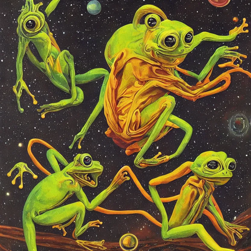 Image similar to an alien frog monkey with wings on a distant cosmic world. strange anatomy. pulp sci - fi art. baroque period, oil on canvas