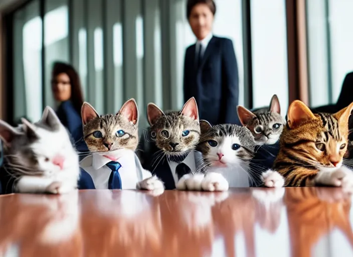 Prompt: photo of cats dressed in suits attending a board meeting. Highly detailed 8k. Intricate. Sony a7r iv 55mm. Stock photo.