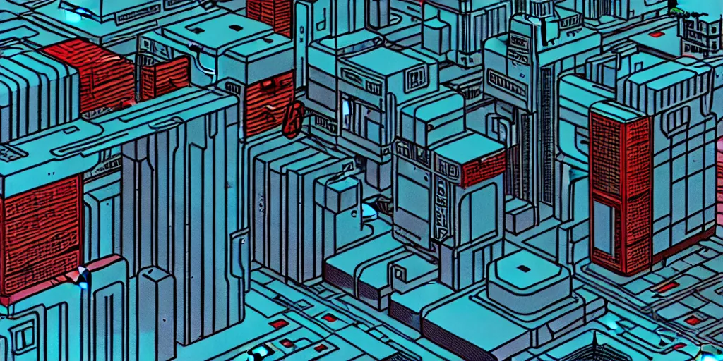 Image similar to areal view of mechanical futuristic brutalist city in the style of Akira!