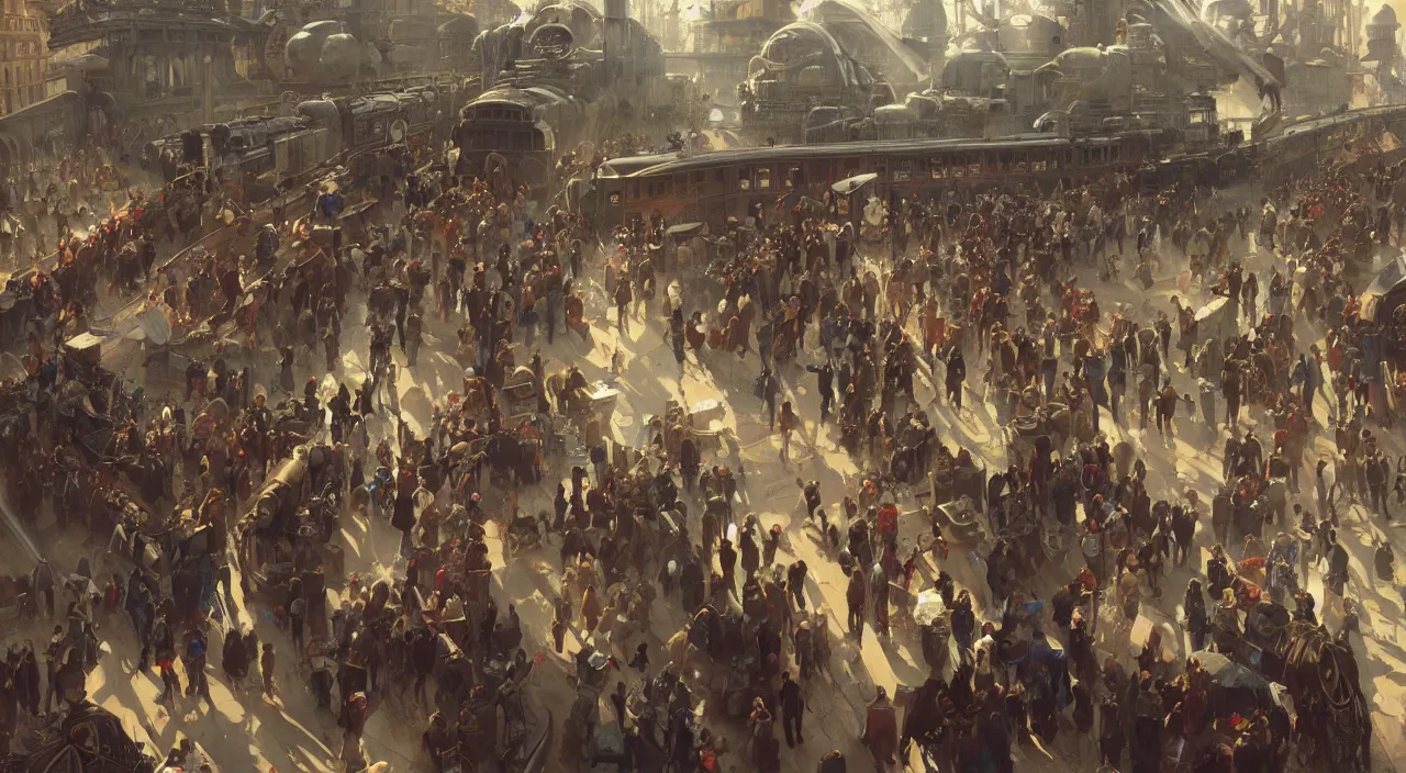 Prompt: subway mayhem as people rush to get on the steam train, highly detailed, digital painting, artstation, concept art, smooth, sharp focus, steampunk illustration, art by greg rutkowski and alphonse mucha