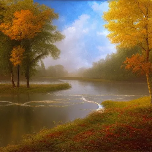 Image similar to A beautiful painting of the wind blowing leaves off a tree in the middle of an empty serene landscape with a river flowing in the distance, cloudy, rainy, ultra realistic, by Albert Bierstadt and Gediminas Pranckevicius