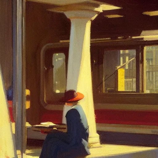 Image similar to new york subway, platform view, sharp focus, intricate, detailed, by edward hopper, greg rutkowski.