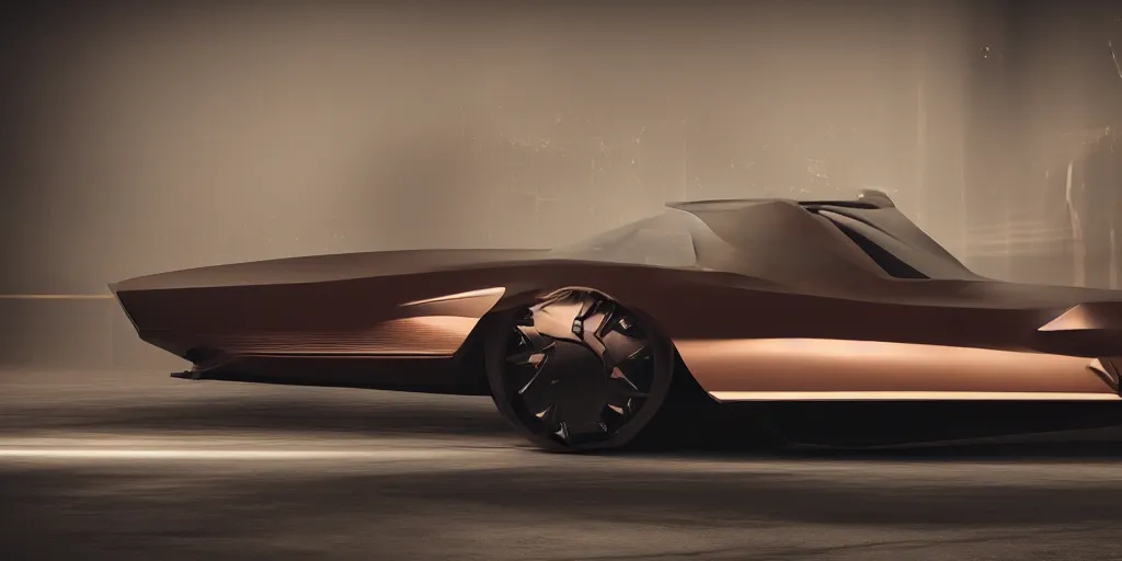 Image similar to a design of a futuristic Corvette C2 1969, designed by Polestar, blade runner background, stained antique copper car paint, black windows, dark show room, dramatic lighting, hyper realistic render, depth of field