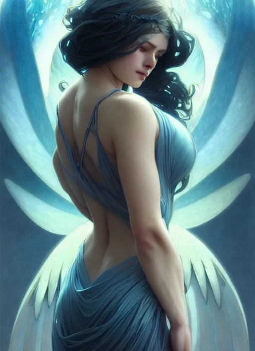 Image similar to a beautiful cinematic female archangel queen, fantasy sea landscape, fantasy magic, short aqua blue black fade hair, dark light night, intricate, elegant, sharp focus, illustration, highly detailed, digital painting, concept art, matte, art by WLOP and Artgerm and Greg Rutkowski and Alphonse Mucha, masterpiece