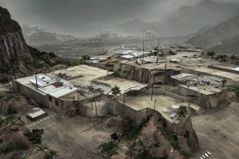 Image similar to favela hospital hangar bunker, desert environment, industrial factory, cliffs, gloomy, milky way, award winning art, epic dreamlike fantasy landscape, ultra realistic,