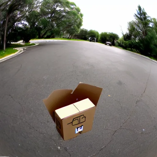 Image similar to Fisheye view of dinosaur stealing packages