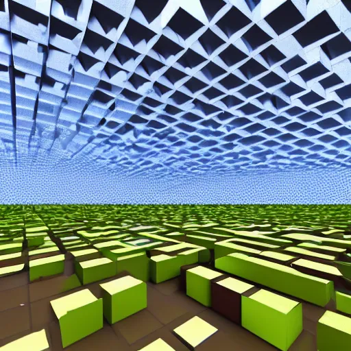 Image similar to simulated daylight, 3d raytraced render of a geometric landscape made entirely of non-textured cubes, subsurface scattering