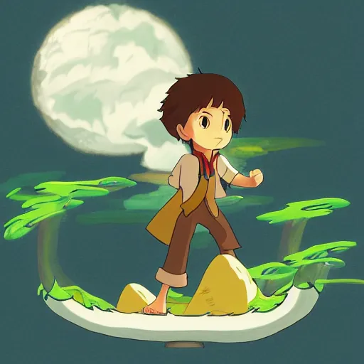 Prompt: boy in the floating island with flyling dragons around in ghibli artstyle, high detal, smooth, 8k, anime style