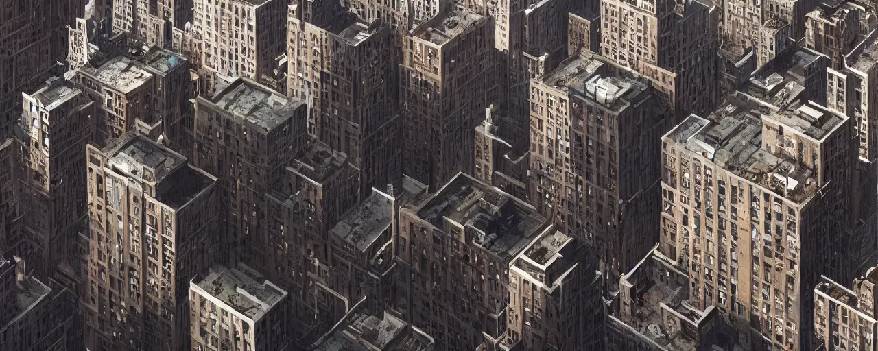 Prompt: new york city block. aerial. architecture. cinematic lighting. trending on artstation. cgsociety. art by greg rutkowski and william o'connor