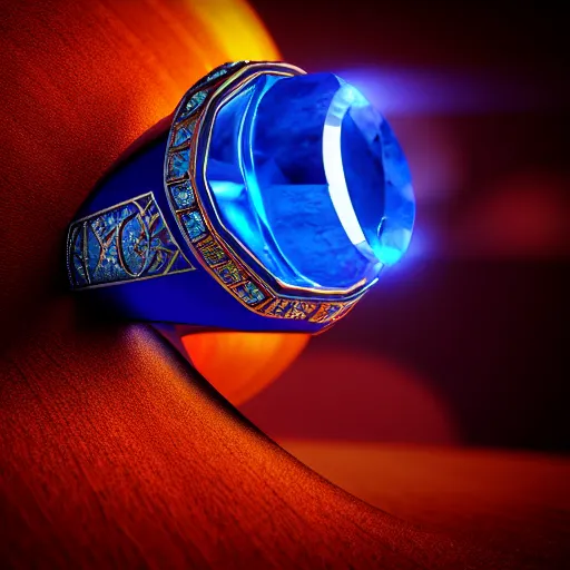 Image similar to a fantasy ring, blue glow, realistic reflections, intricate details, cinematic lighting, depth of field, octane render