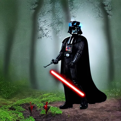 Image similar to darth vader picking flowers in the forest