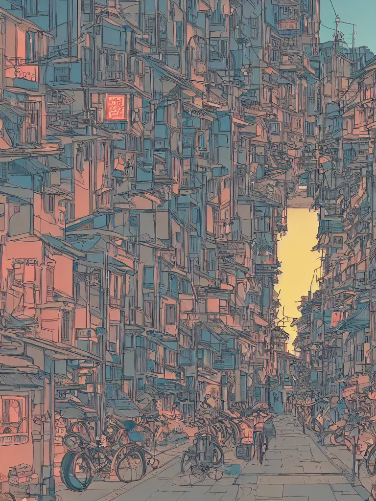Prompt: a digital art of a close up view of a japanese street, sunset, bikes and pedestrians, by laurie greasley, artstation, studio ghibli color scheme