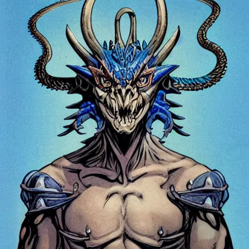 Image similar to head and shoulders portrait of a medieval d & d fantasy anthropomorphic blue dragon - headed - human hybrid with electrcity magic, comic book cover art photo by phil noto, frank miller, hr giger, alex ross, glenn fabry