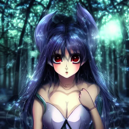 Image similar to focus face portrait of beautiful darkness knight 3D anime girl, dark forest background, snowing, bokeh, inspired by Masami Kurumada, digital painting, high contrast, unreal engine render, volumetric lighting, high détail