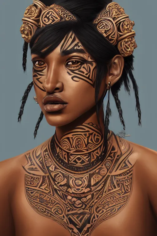 Prompt: A bust of a beautiful dark skinned Maori girl with tribal Maori tattoos and smooth eyebrows and straight hair, HD, illustration, epic, fantasy, intricate, elegant, amazing detail, digital painting, artstation, concept art, smooth, sharp focus, illustration, art by Turine Tran
