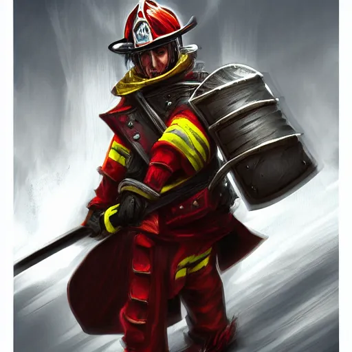 Prompt: A fantasy knight wearing firefighter gear and holding a fire axe, highly detailed, digital art, sharp focus, trending on art station, fire elemental, anime art style