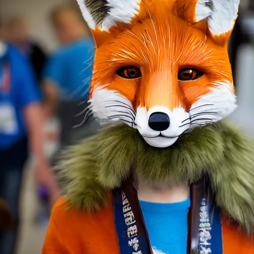 Image similar to portrait of a realistic fox fursuiter at a furry convention, indoors, realisitc photo