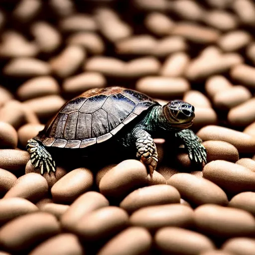 Prompt: a turtle crawling in a pile of adderall pills