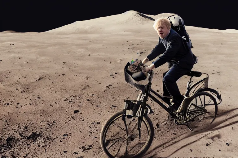 Prompt: A professional photo of Boris Johnson riding a bicycle on the moon; high-quality, dramatic lighting, extremely high detail, trending on artstation