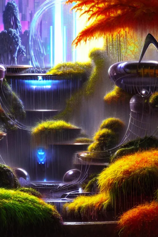 Image similar to futuristic garden glowing in autumn, marble fountains, small waterfalls, ecosystem, electronic bumblebees, 1 9 8 0 s science fiction, 1 9 7 0 s science fiction, alien 1 9 7 9, cyberpunk, 3 d oil painting, depth perception, 4 k, artstation