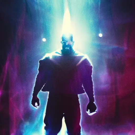 Image similar to Portrait of Kanye West as thanos, splash art, movie still, cinematic lighting, dramatic, octane render, long lens, shallow depth of field, bokeh, anamorphic lens flare, 8k, hyper detailed, 35mm film grain