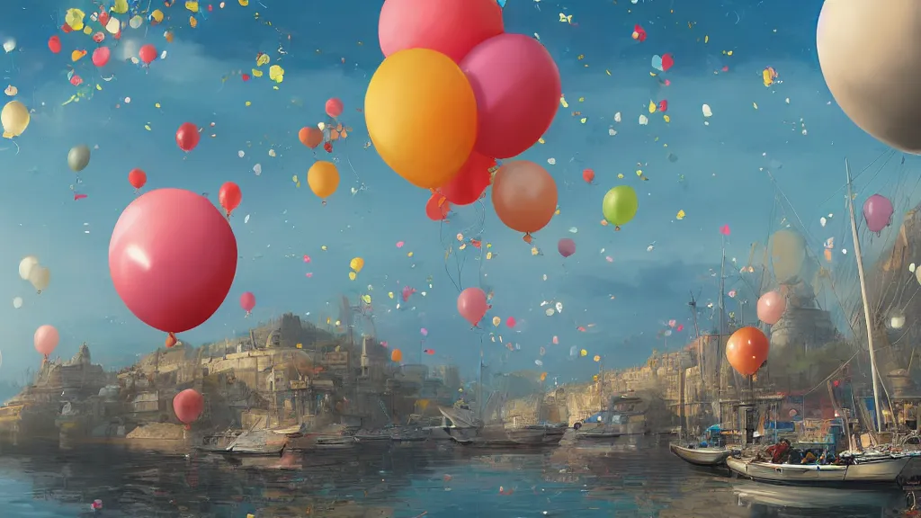 Prompt: a lot of birthday balloons floating above a beautiful maritime port. digital art. artstation cgsociety masterpiece