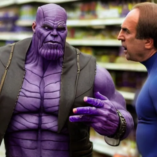 Prompt: thanos yelling at saul goodman in a supermarket