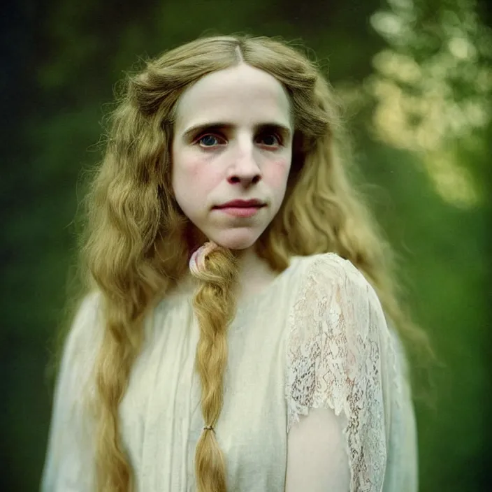 Image similar to Kodak Portra 400, 8K, warm and soft lighting, volumetric lighting, highly detailed, brit marling style 3/4 ,portrait photo of a beautiful woman how pre-Raphaelites painter, inspired by Julie Dillon , a beautiful lace dress and hair are intricate with highly detailed realistic beautiful flowers , Realistic, Refined, Highly Detailed, natural outdoor soft pastel lighting colors scheme,faded colors, outdoor fine art photography, Hyper realistic, photo realistic