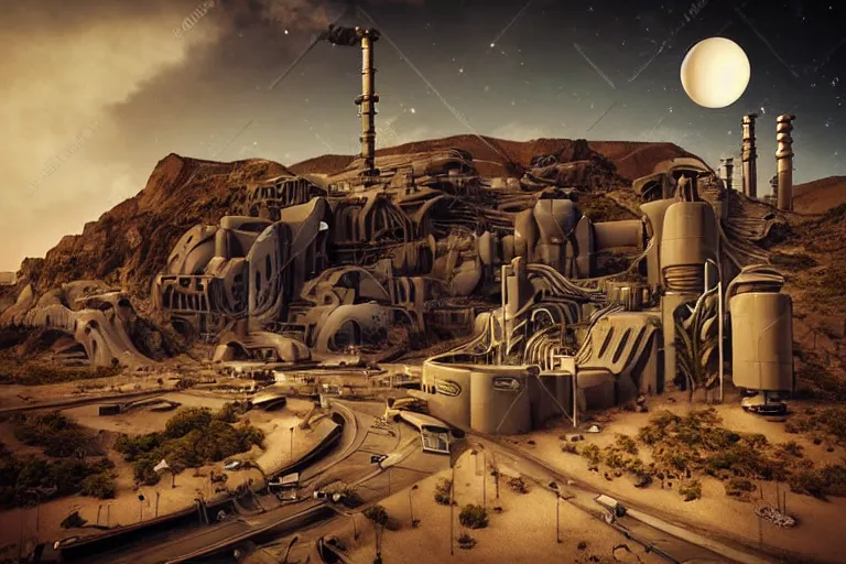 Prompt: sci - fi favela sculpture, art nouveau desert environment, industrial factory, cliffs, gloomy, milky way, award winning art, epic dreamlike fantasy landscape, ultra realistic,