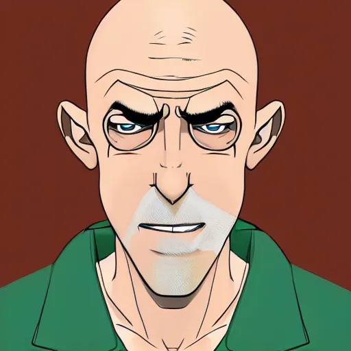 Image similar to A middle-aged Dr. Venture in real life with a hooked nose, a long gaunt face and skinny body and neck, very thin and bald, realistic, very realistic, hyperrealistic, highly detailed, very detailed, extremely detailed, detailed, digital art, oil painting, trending on artstation, headshot and bodyshot, detailed face, very detailed face, extremely detailed face, HD Quality, 8k resolution, very very detailed face, real life