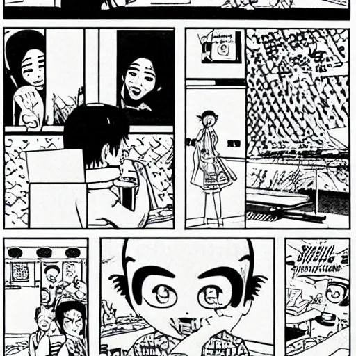 Image similar to Jollibee manga by Junji Ito, b&w