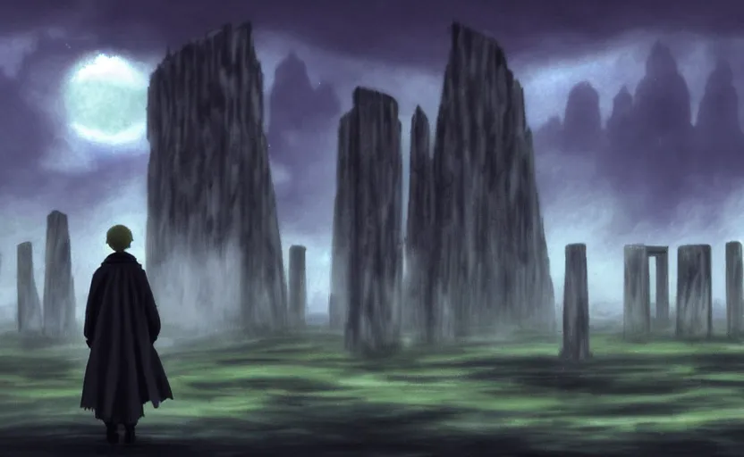 Prompt: a realistic and atmospheric cell - shaded concept art from howl's moving castle ( 2 0 0 4 ) of a grey monk standing in a futurist sci - fi city that looks like stonehenge in a flooded rainforest. it is a misty starry night. very dull muted colors, hd, 4 k, hq