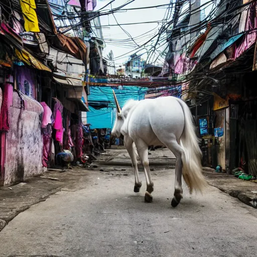 Prompt: photo of a unicorn wandering the streets of philippines, award - winning photograph, national geographic, 8 k uhd