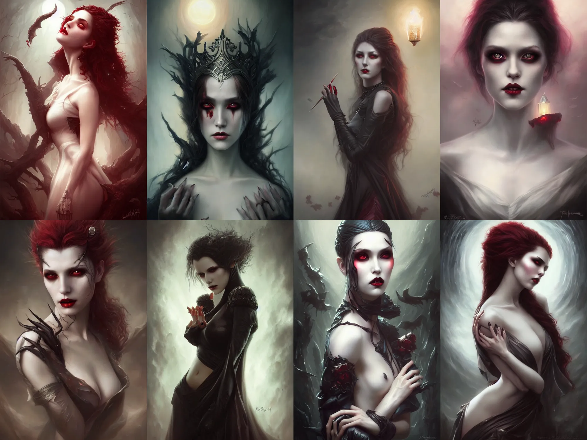 Prompt: a hauntingly beautiful vampire queen, painted by artgerm and tom bagshaw, fantasy art, dramatic lighting, highly detailed oil painting