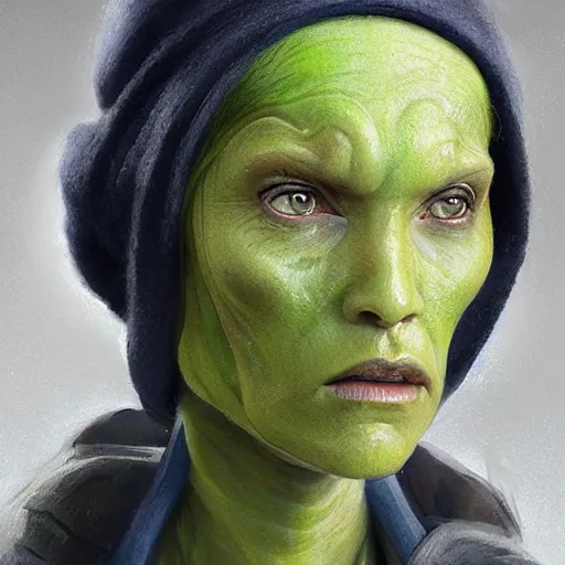 Image similar to portrait of a woman by greg rutkowski, female twi'lek, green skin, wool cap, star wars expanded universe, she is about 6 0 years old, wearing uniform of the galactic alliance navy, highly detailed portrait, digital painting, artstation, concept art, smooth, sharp foccus ilustration, artstation hq