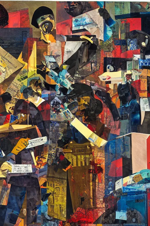 Image similar to bank robbery, collage, acrylic on canvas, expressionism movement, breathtaking detailed, by blake neubert