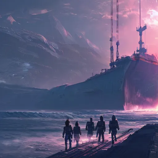 Image similar to soviet white cargo ship of horizon forbidden west horizon zero dawn bioluminiscence global illumination ray tracing hdr fanart arstation by ian pesty and alena aenami artworks