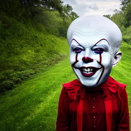 Image similar to Elon Musk as pennywise from the movie IT, grungy, unkept hair, glowing eyes, modelsociety, radiant skin, huge anime eyes, RTX on, perfect face, directed gaze, intricate, Sony a7R IV, symmetric balance, polarizing filter, Photolab, Lightroom, 4K, Dolby Vision, Photography Award