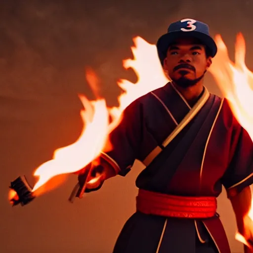 Image similar to cinematic film still of Chance The Rapper starring as a Samurai holding fire, Japanese CGI, VFX, 2022, 40mm lens, shallow depth of field, film photography