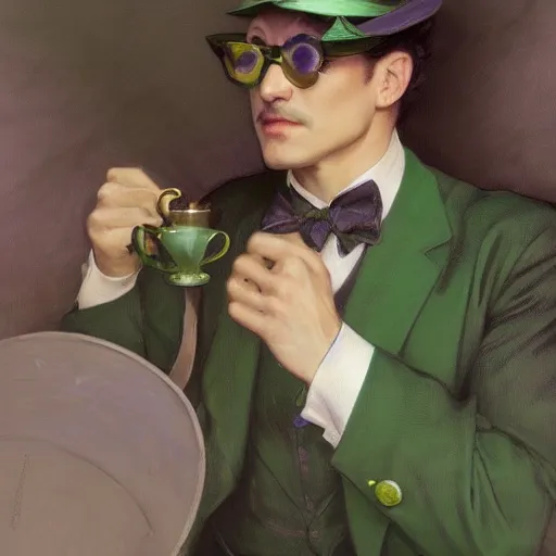 Prompt: man, Wearing green suit, Wearing green tophat, wearing purple undershirt, wearing shades, drinking tea by alphonse mucha, Adolfo Hohenstein, Alice Russell Glenny, Stanley Artgerm Lau, greg rutkowski, detailed 4k horror artwork, trending on artstation, smooth, sharp focus