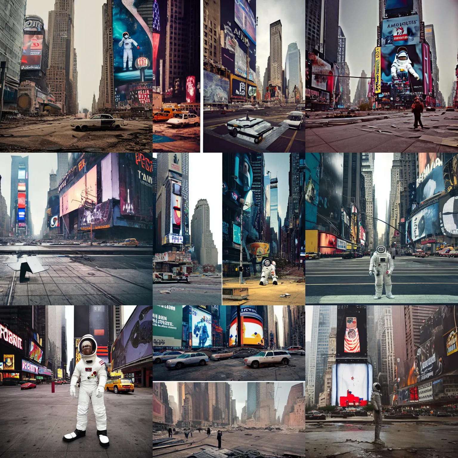 Prompt: american white spacesuit astronaut in postapocalyptic abandoned times square, overcast, by steve mccurry, by oleg oprisco, by thomas peschak, by nasal, by victor enrich, by gregory crewdson