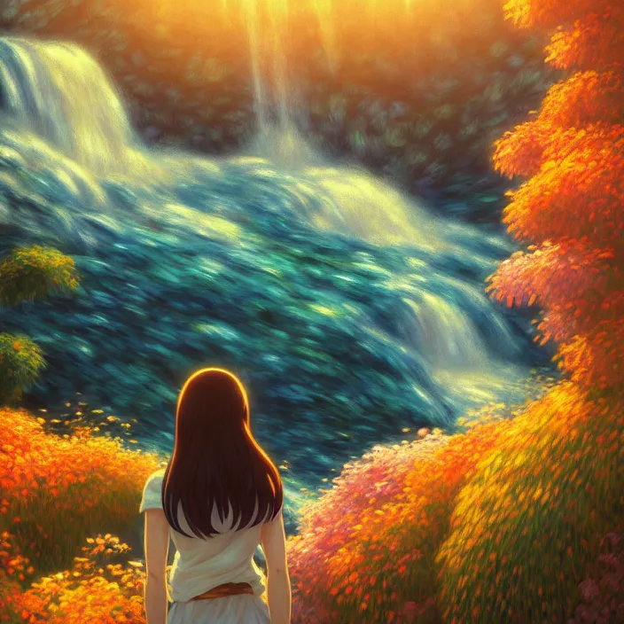 Prompt: an epic makoto shinkai and renoir surreal landscape of a woman's brown hair mixed with a waterfall, 🌺, golden hour, ultra smooth, lois van baarle, ilya kuvshinov, unreal engine, blender, trending on artstation, suntur, caleb worcester, highly detailed, photorealism, bloom effect 8 k