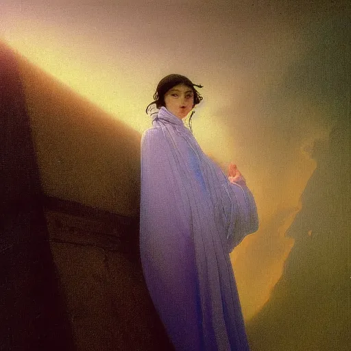 Image similar to a young woman's face, her hair is white and she wears a cobalt blue satin cloak, by ivan aivazovsky and syd mead and moebius and gaston bussiere and roger dean and pieter claesz and paul delaroche and alma tadema and aelbert cuyp and john berkey, hyperrealistic, volumetric light, octane render