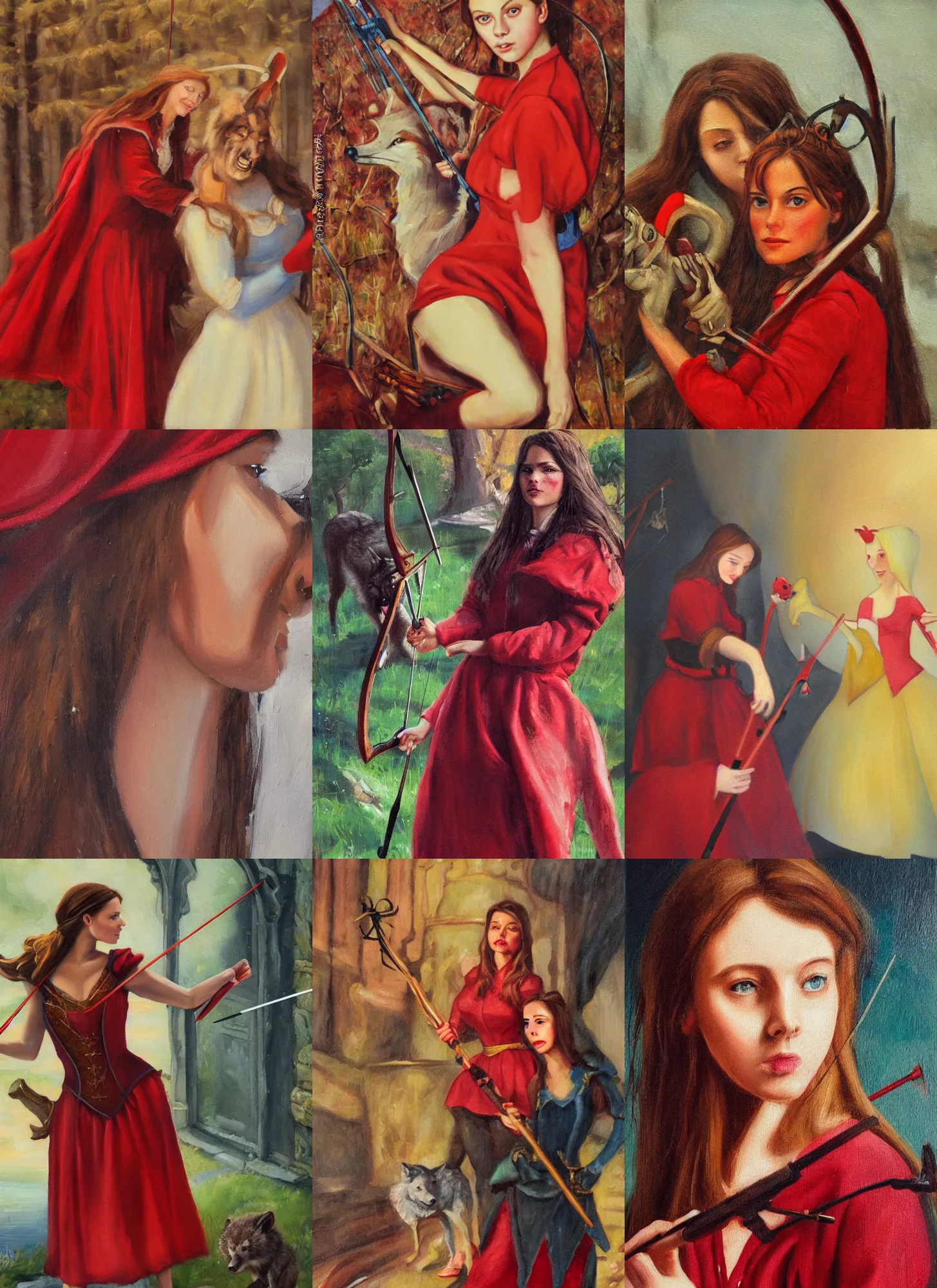 Prompt: beauty and the beast , girl with a red clothe and a crossbow near from a wolf beast, arstation, oil painting, detail