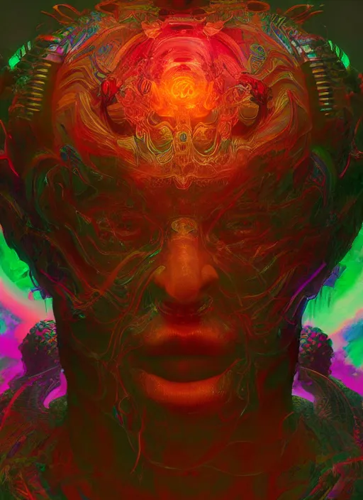 Image similar to psychedelic portrait of an interdimensional god, unreal engine, vray ray - traced 3 d render, greg rutkowski, brush strokes