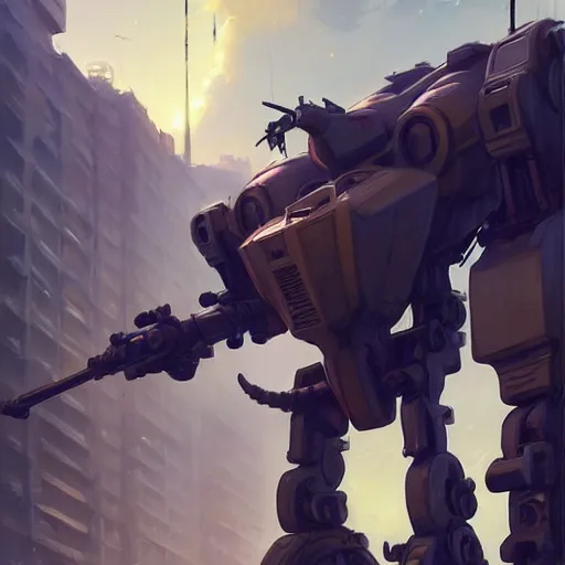 Prompt: six meters tall mech fighting in an urban environment, mechanized warfare, hyperrealistic, cinematic, by weta digital, epic action pose, gaudi, behance hd by jesper ejsing, by rhads, makoto shinkai and lois van baarle, ilya kuvshinov