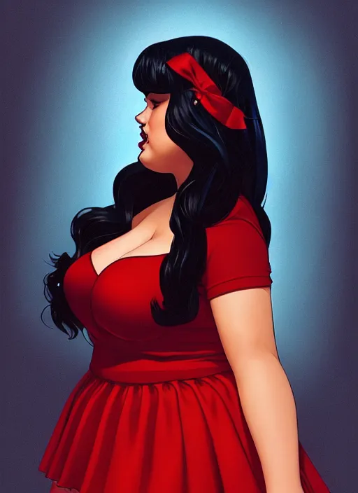 Image similar to full body portrait of teenage veronica lodge, obese, bangs, sultry, realistic, sultry smirk, wavy hair, red skirt, fat, belly, intricate, elegant, glowing lights, highly detailed, digital painting, artstation, concept art, smooth, sharp focus, illustration, art by wlop, mars ravelo and greg rutkowski