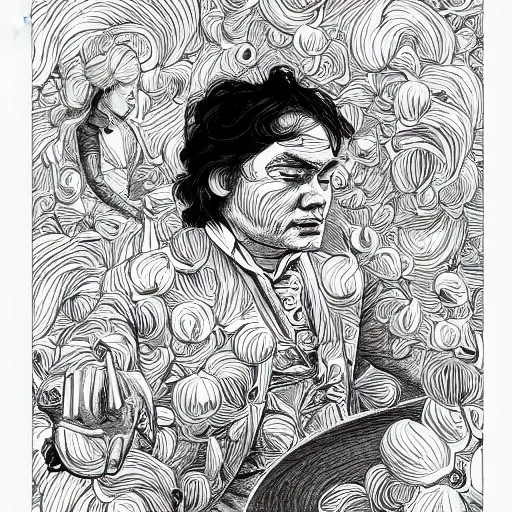 Prompt: beethoven playing piano, graceful, elegant, and sophisticated young chinese model dressed as a bulb of garlic, an ultrafine detailed illustration by james jean, intricate linework, bright colors, final fantasy, behance contest winner, vanitas, angular, altermodern, unreal engine 5 highly rendered, global illumination, radiant light, detailed and intricate environment