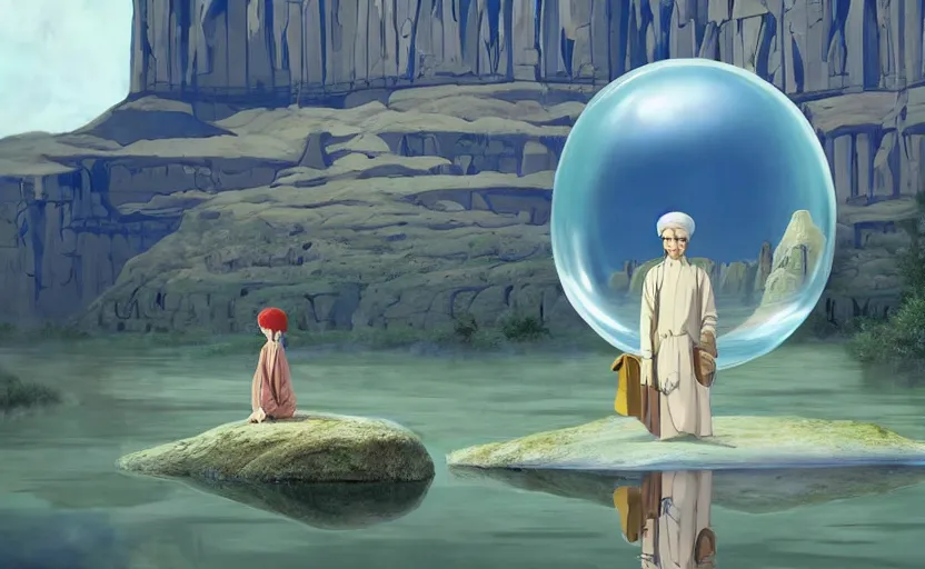 Image similar to a scary hyperrealist painting of a guru in a giant transparent bubble from howl's moving castle ( 2 0 0 4 ) in a flooded monument valley stonehenge jungle. depth perception, 4 k, artstation, in the style of studio ghibli